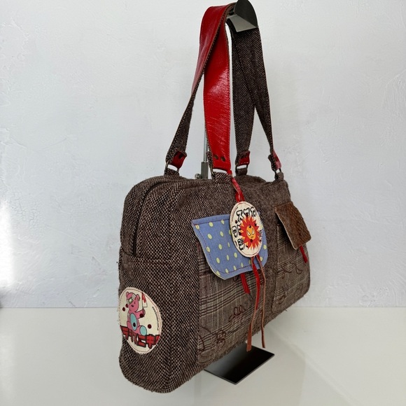 KIMIDORI Designer Tweed Leather Shoulder Bag Colorful Polka Dot Large Y2K OOAK - Picture 4 of 15